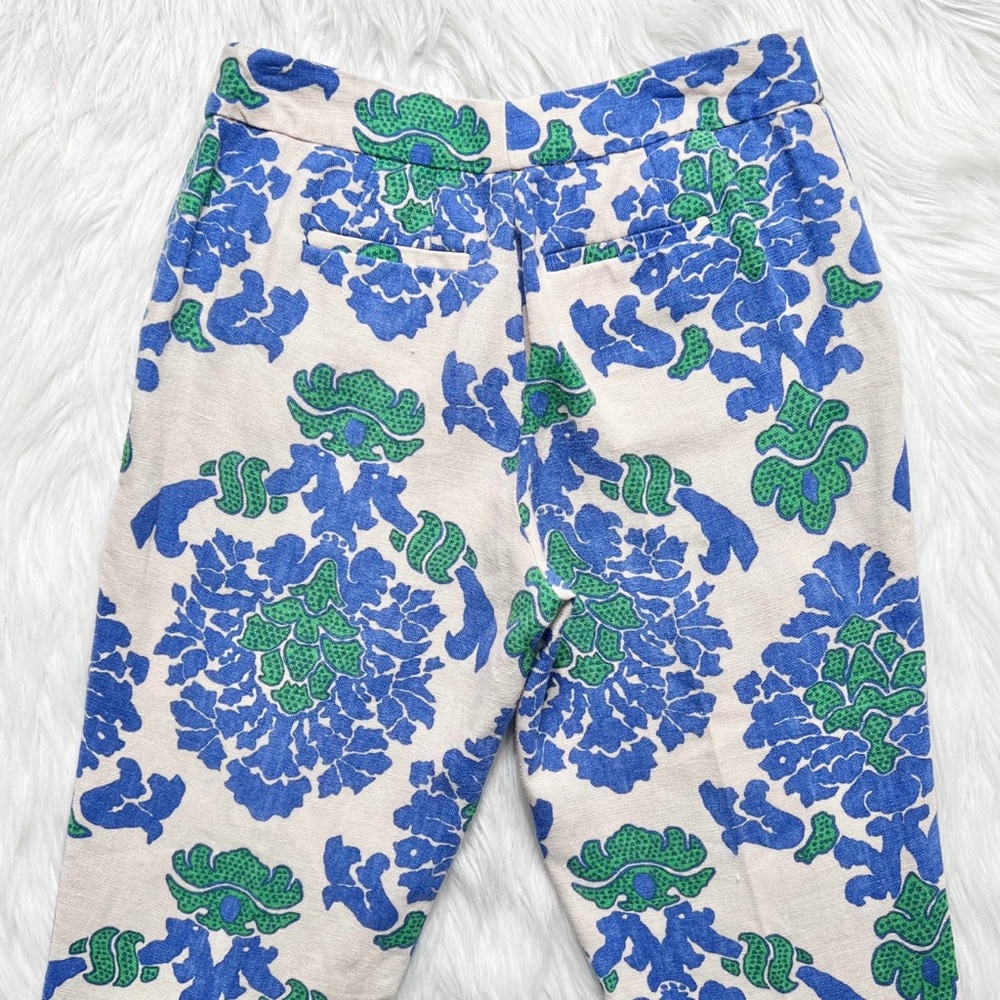 SOLD-Boden Blue & Green Damask Printed Cream Cropped Linen Pants - Picture 5 of 9